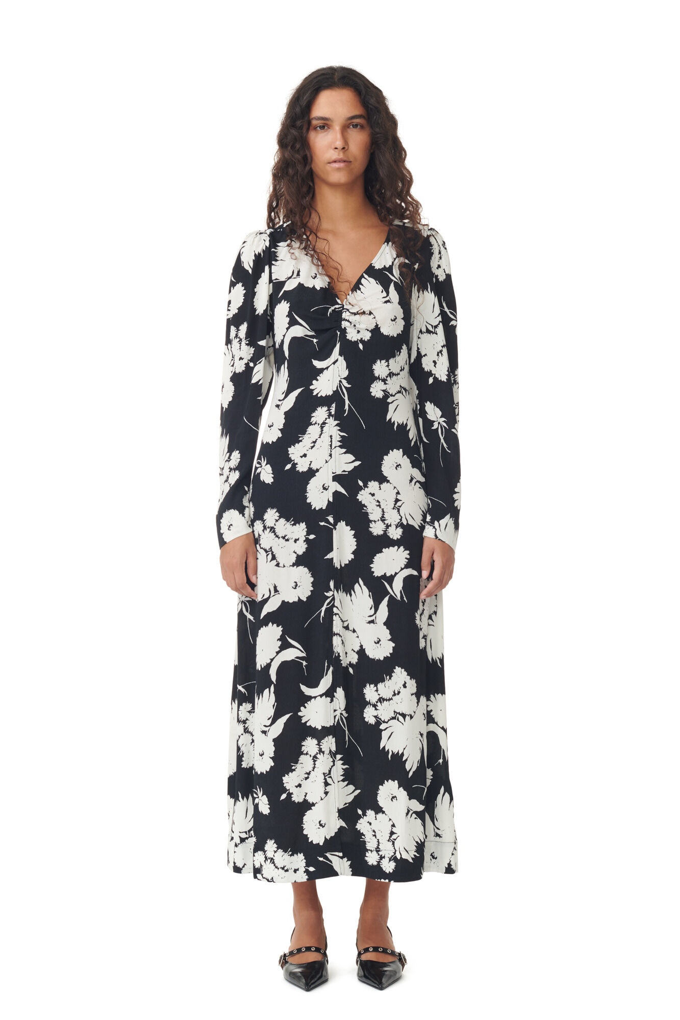 PRINTED CREPE V-NECK DRESS - 3