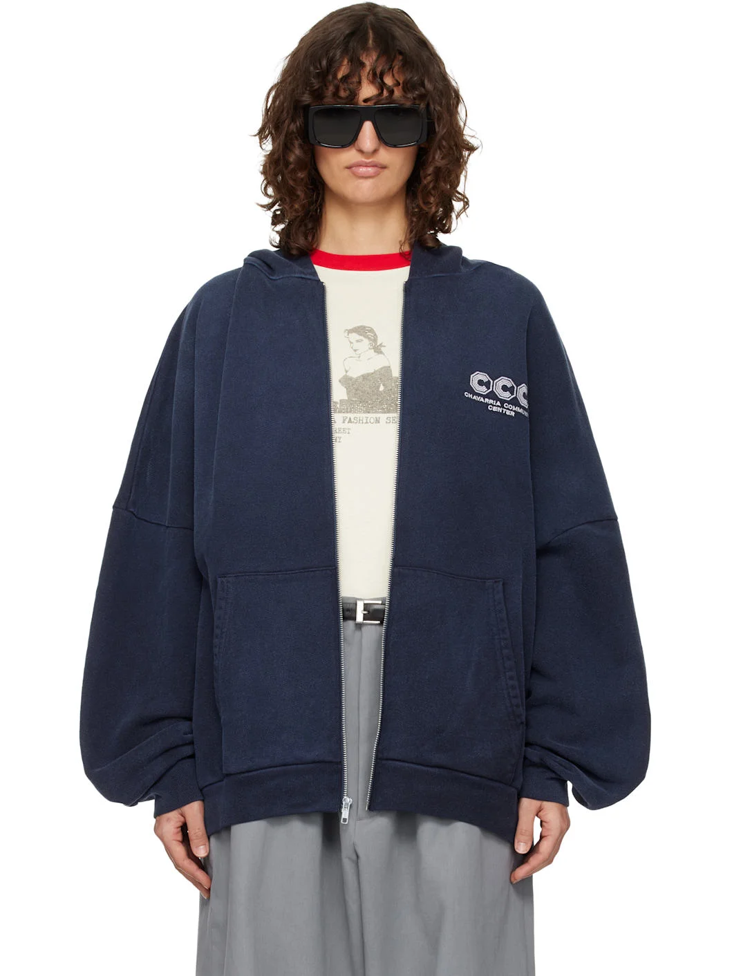 Navy 'CCC' Hooligan Zip Through Hoodie - 1