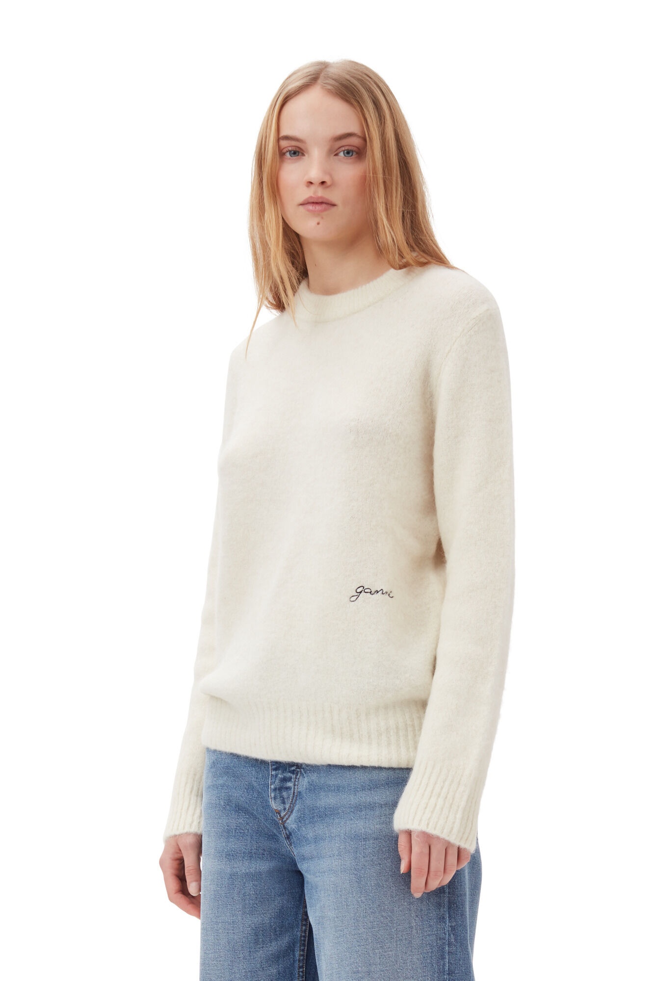 WHITE BRUSHED ALPACA O-NECK SWEATER - 2