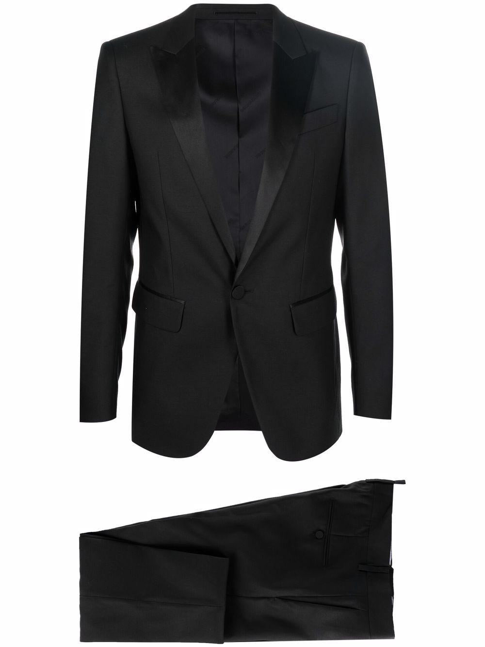 Black virgin wool and silk slim-fit suit with single-breasted blazer with satin lapel. - 1