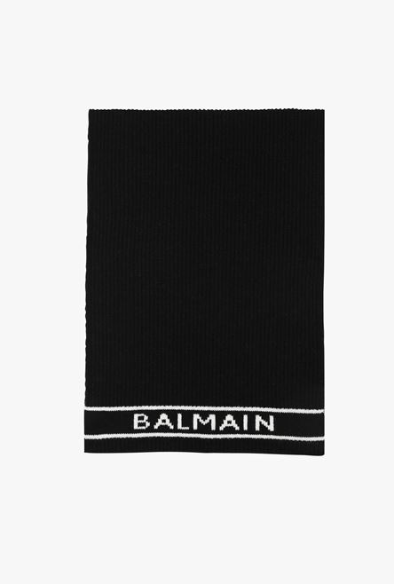 Black wool and cashmere scarf with embroidered white Balmain logo - 1
