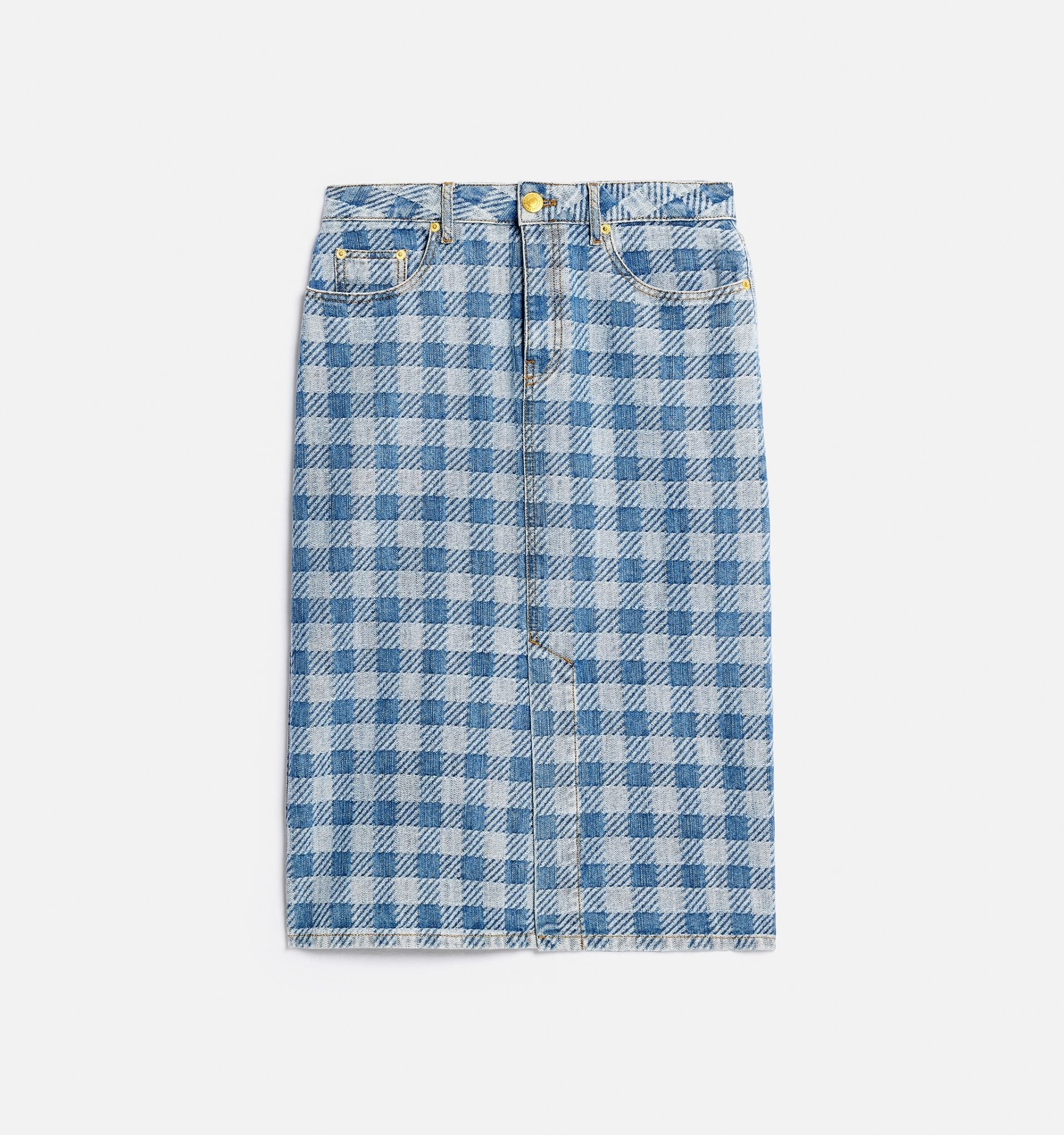 Gingham Pattern Jacquard Denim Pencil Skirt - 5