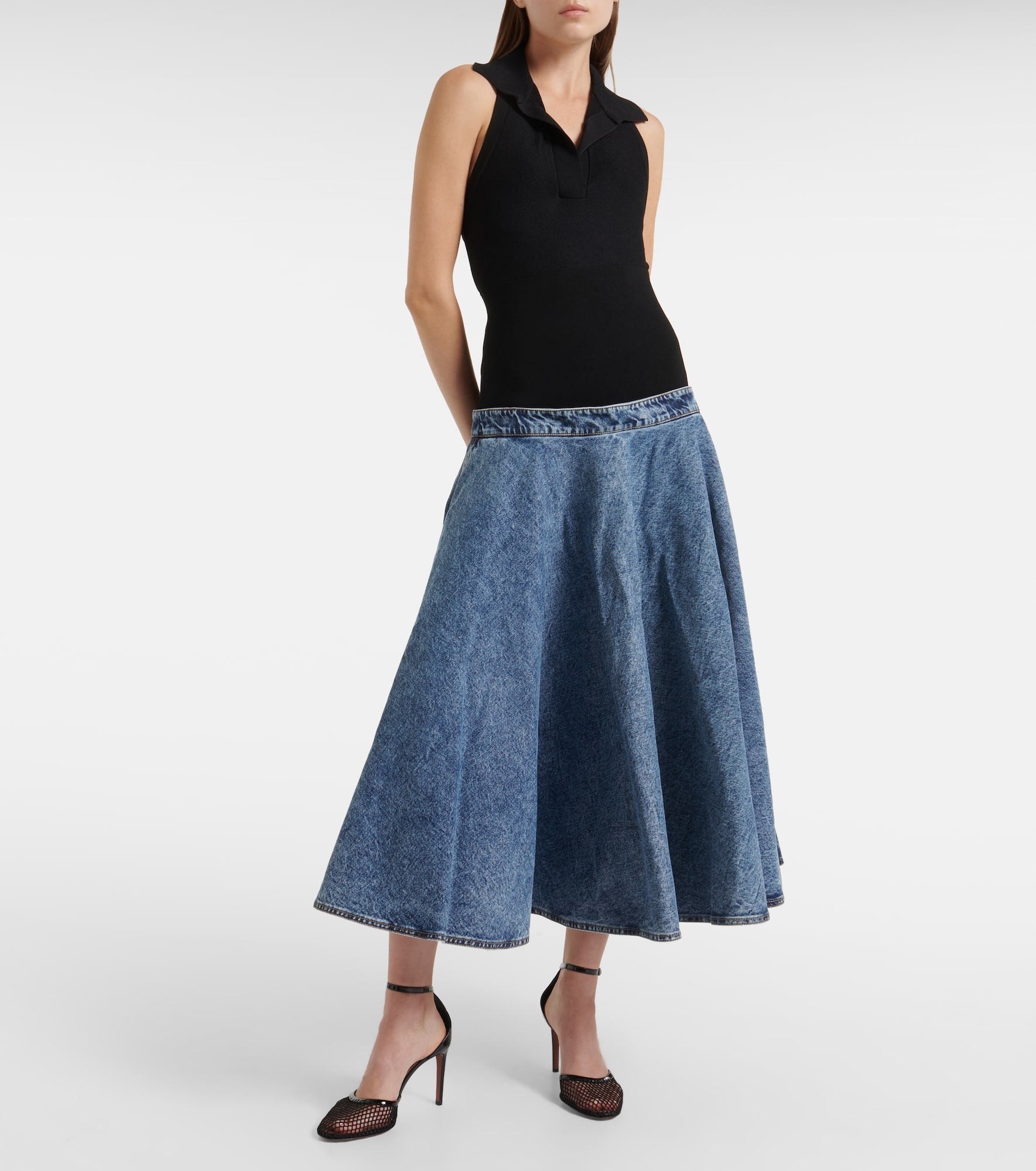 Denim and cotton jersey midi skirt - 2