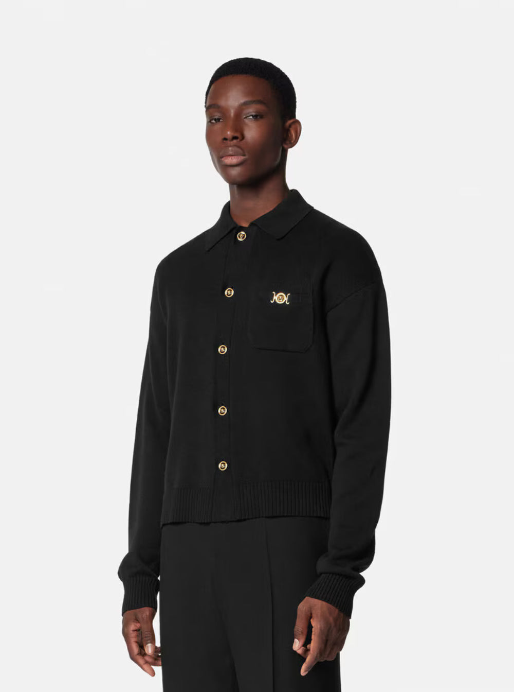 Versace Men Black Cardigan With Classic Collar And Logo Plaque On The Front In Cashmere And Cotton B - 4