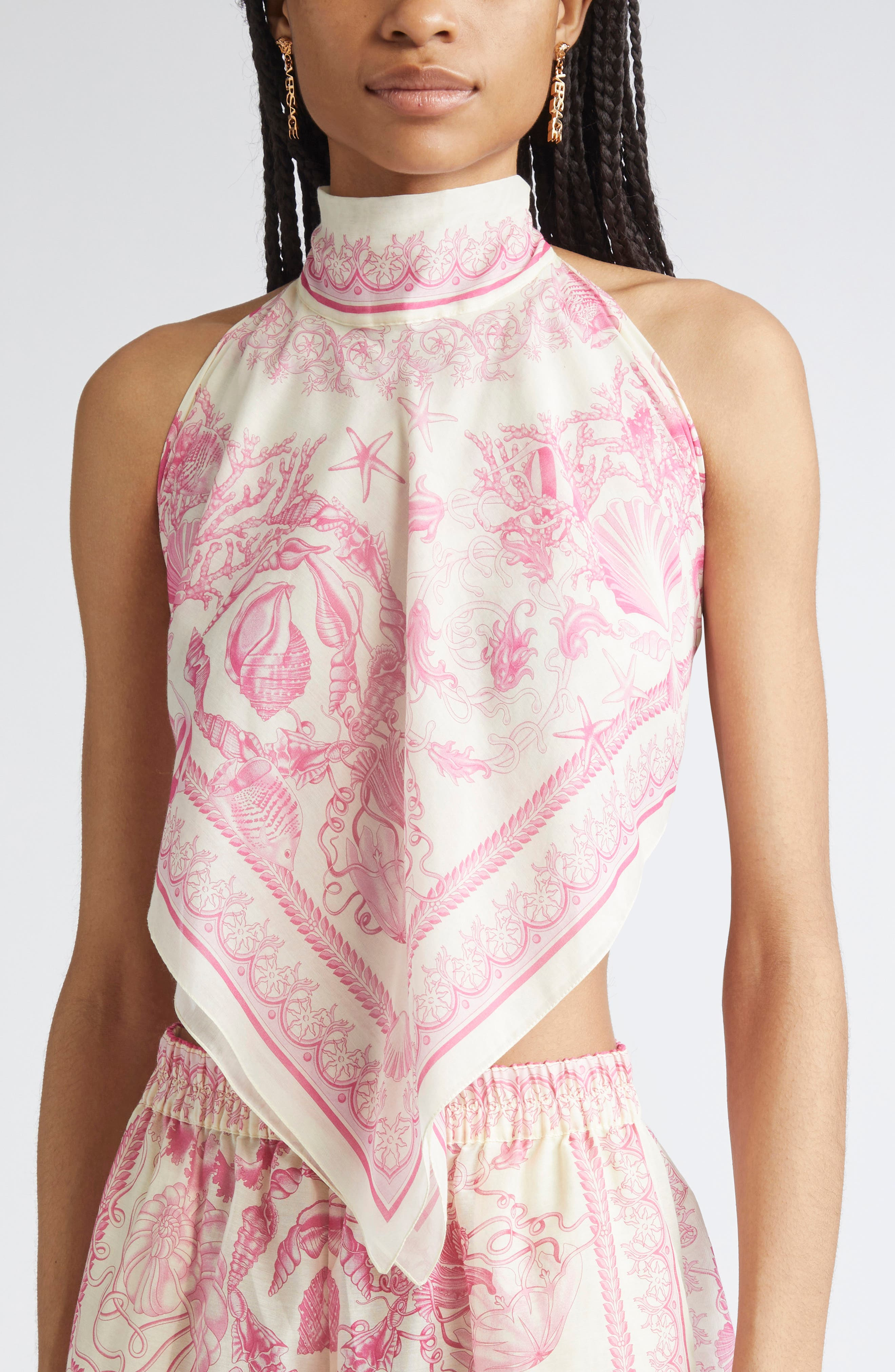 Versace Underwater Barocco Voile Cover-Up Scarf Top in Eggshell Dragonfruit at Nordstrom - 5