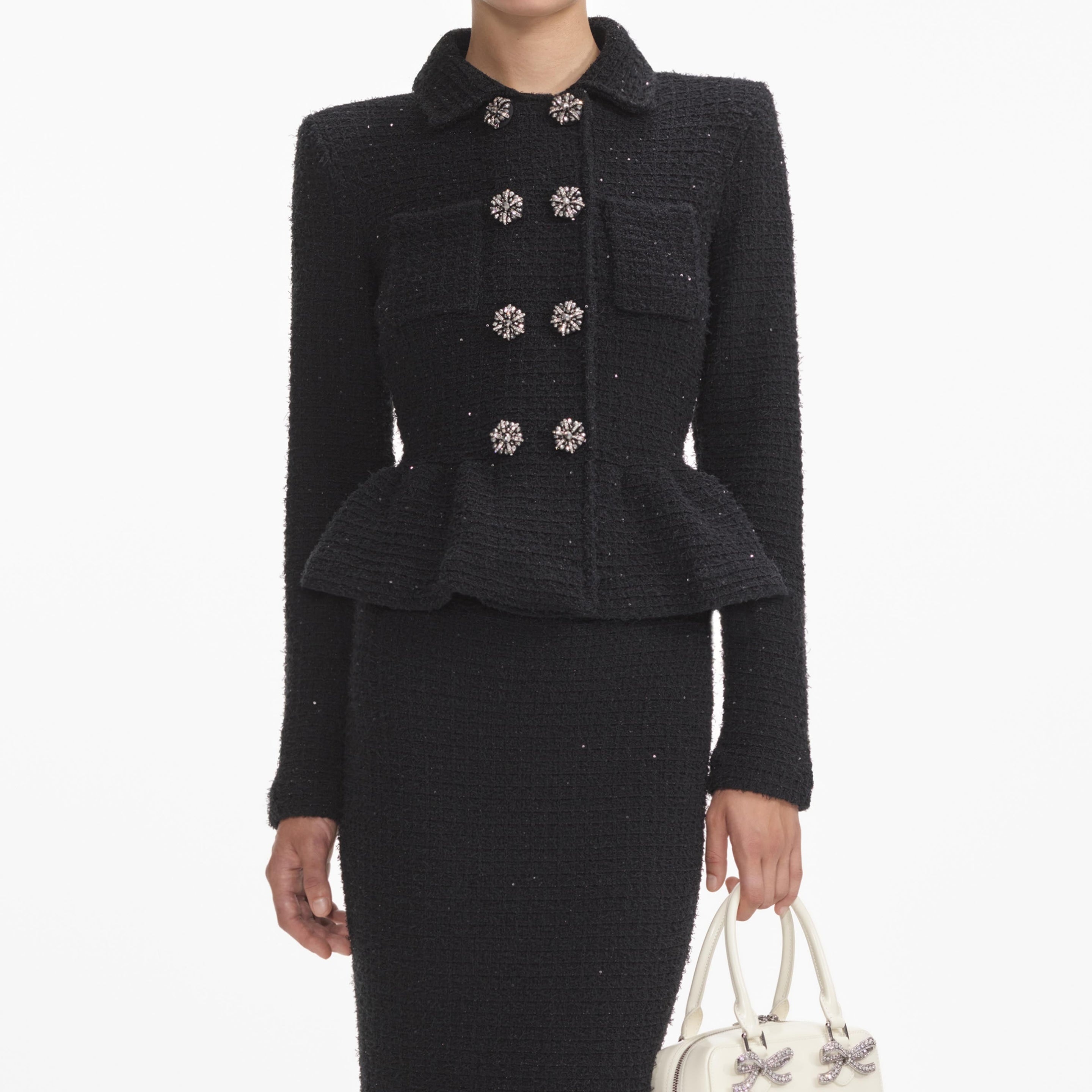 SELF PORTRAIT シェニルニットミティトレス RS25085MB BLACK self-portrait Black Textured Knit Peplum Midi Dress | REVERSIBLE