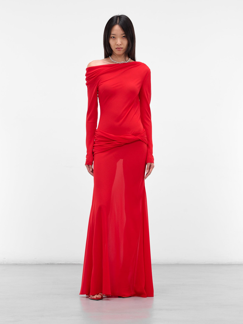 ANNA OCTOBER Red Off-Shoulder Sleeved Maxi Dress outlook