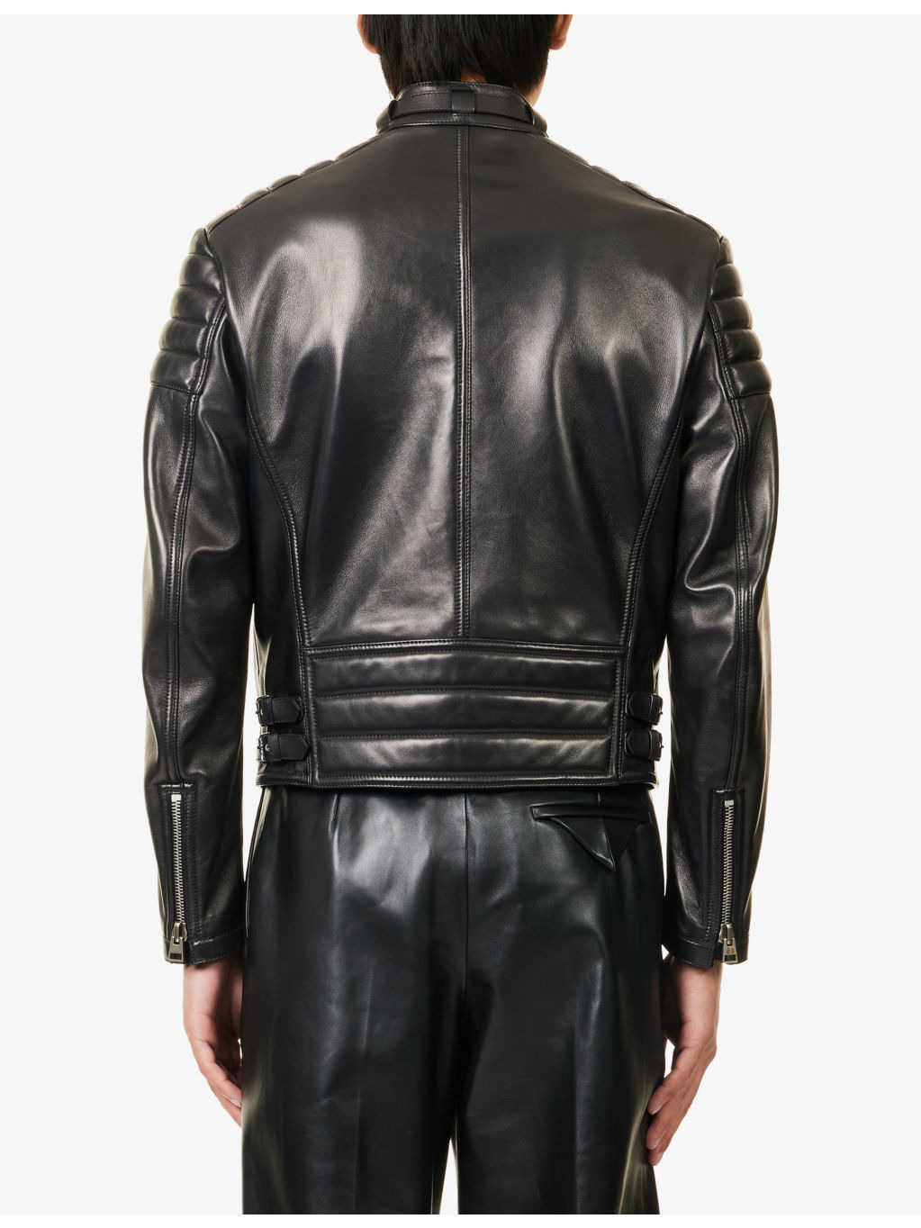 Panelled Zipped Leather Biker Jacket - 4
