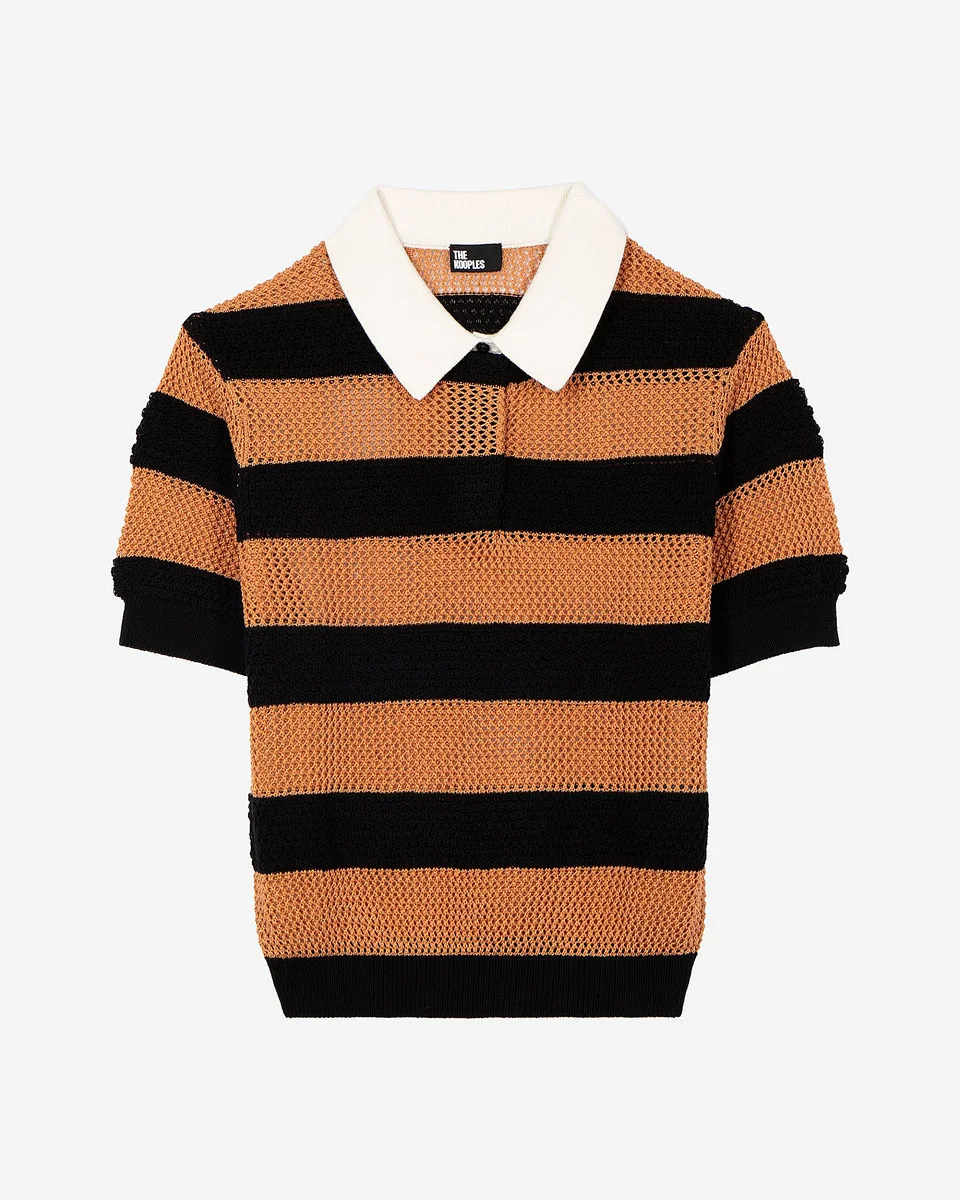 ORANGE AND BLACK STRIPED OPENWORK POLO SHIRT - 1