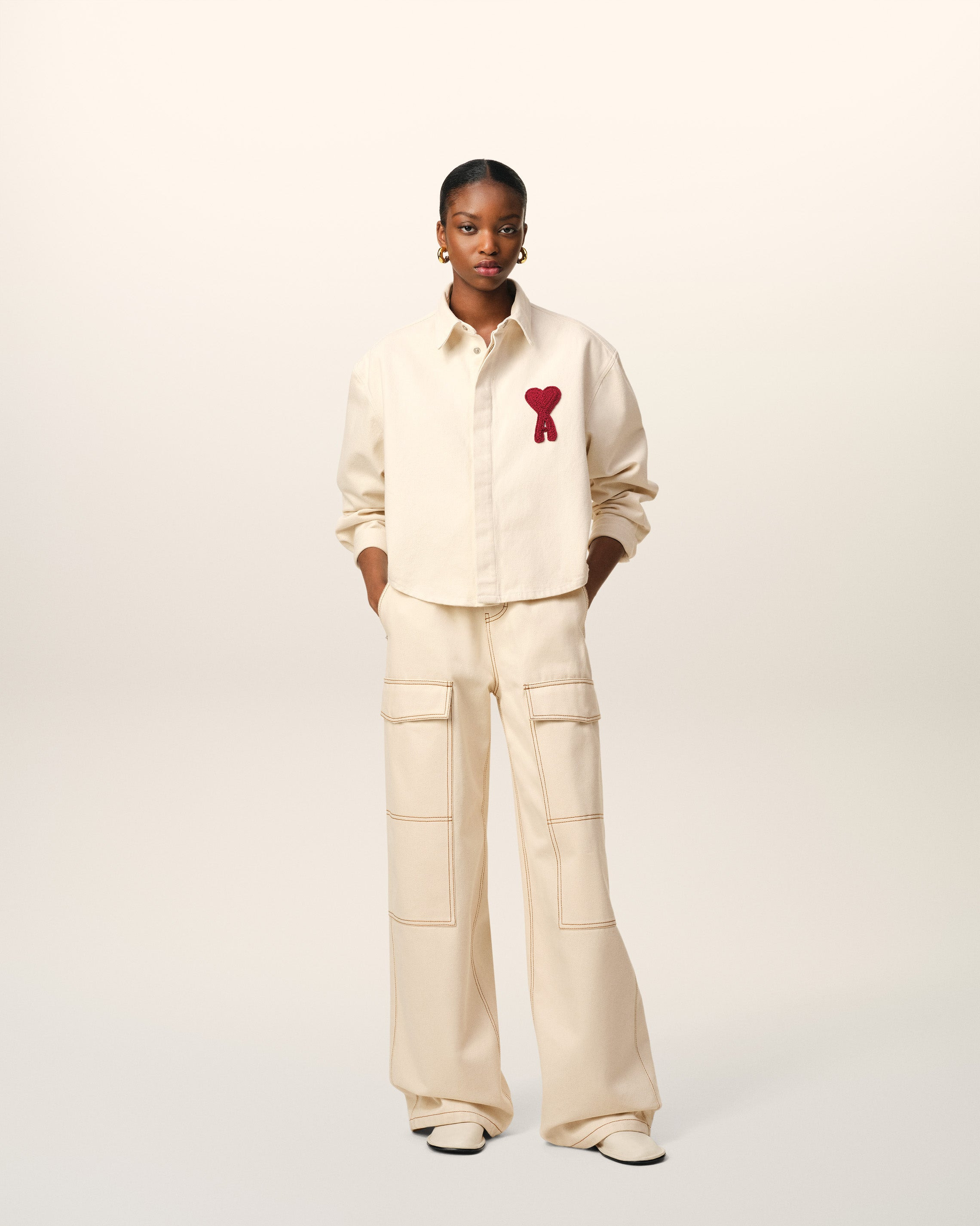 BEIGE COTTON AMI DE COEUR CROPPED SHIRT - 2