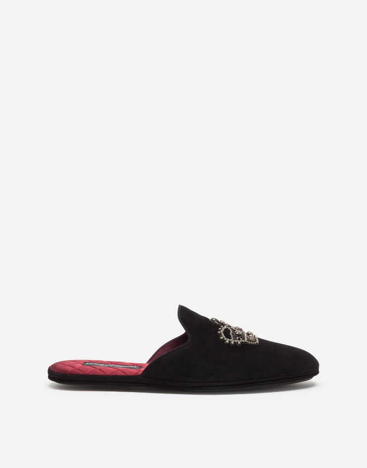 Suede slippers with crown emrboidery - 1