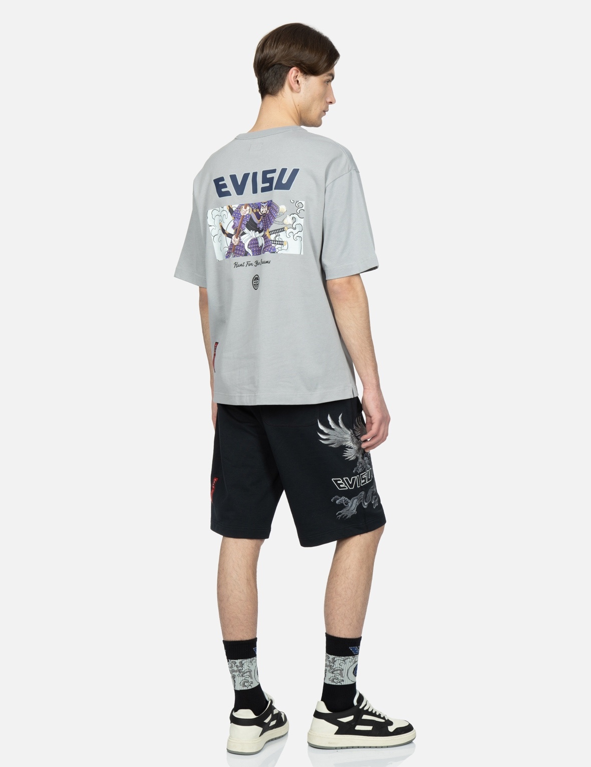 EAGLE AND PINE TREE GRAPHIC EMBROIDERY SWEAT SHORTS - 3