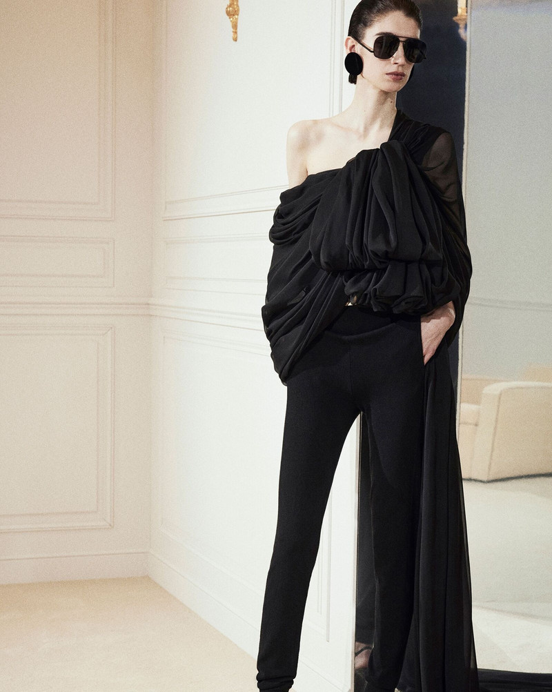 SAINT LAURENT draped one-shoulder top in silk muslin crepe outlook