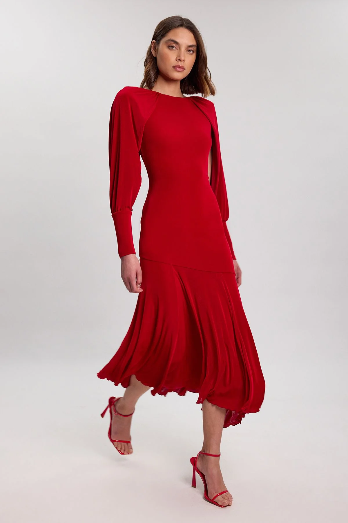 Drapey Crepe V Neck Back Sleeved Maxi Dress - 1