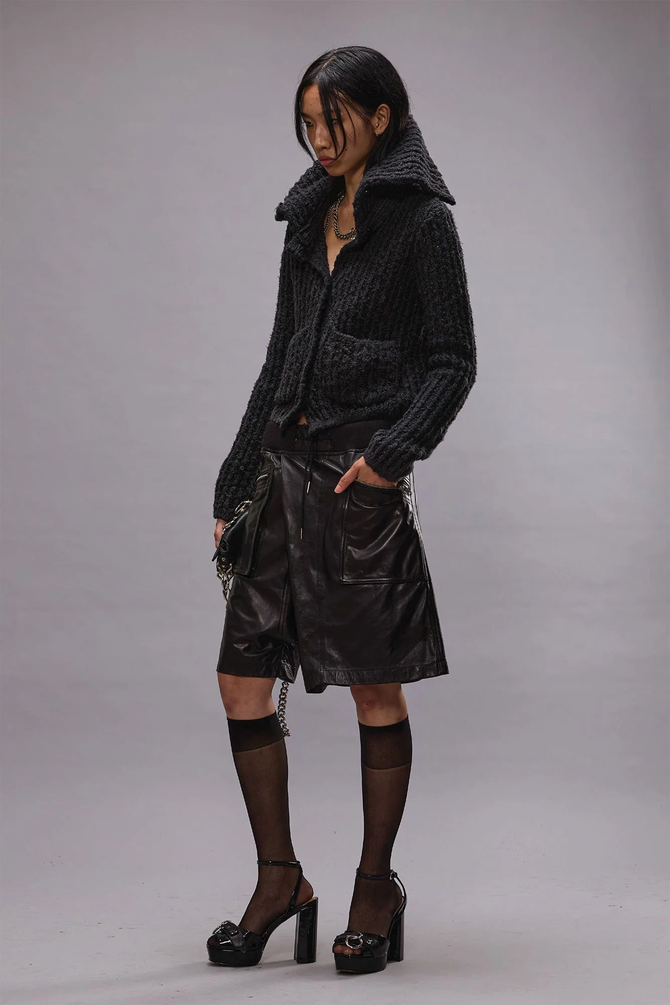 HIGH NECK SHRUNKEN CARDIGAN - WASHED BLACK - 1