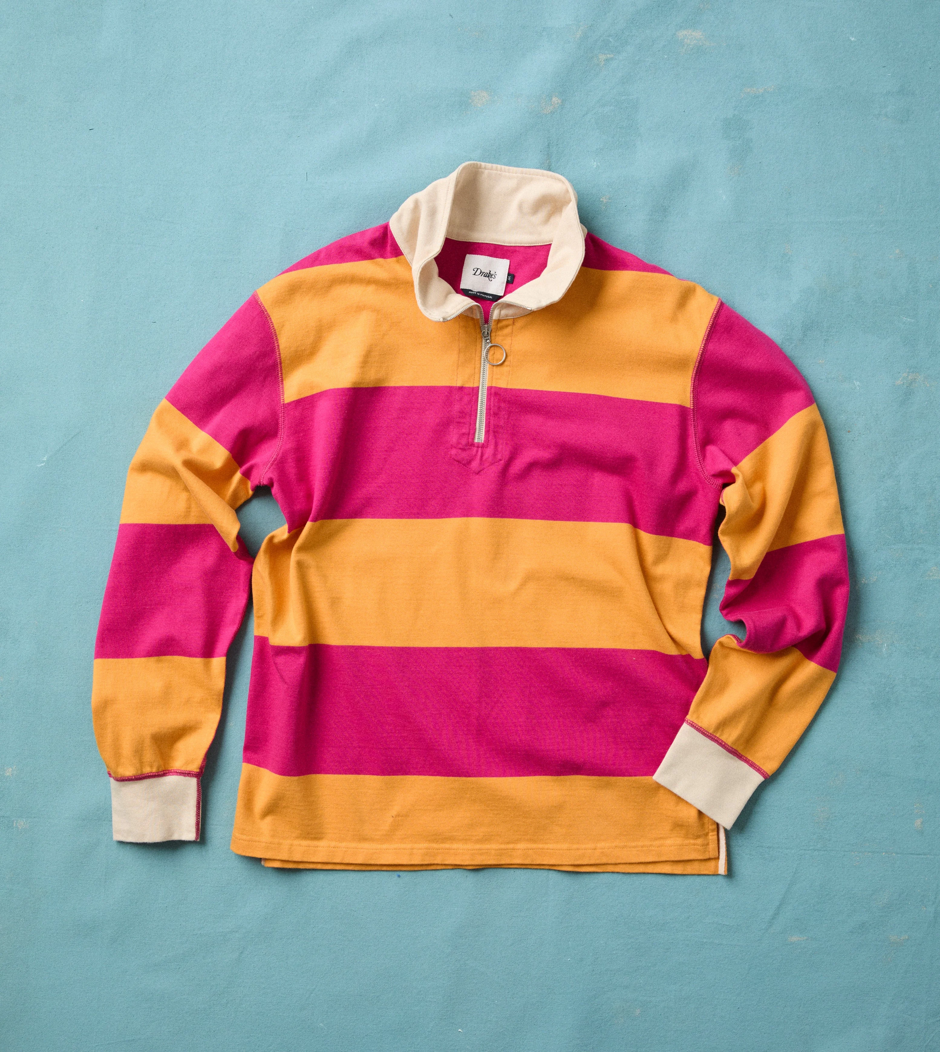 Pink and Orange Block Stripe Cotton Quarter Zip Rugby Shirt - 1