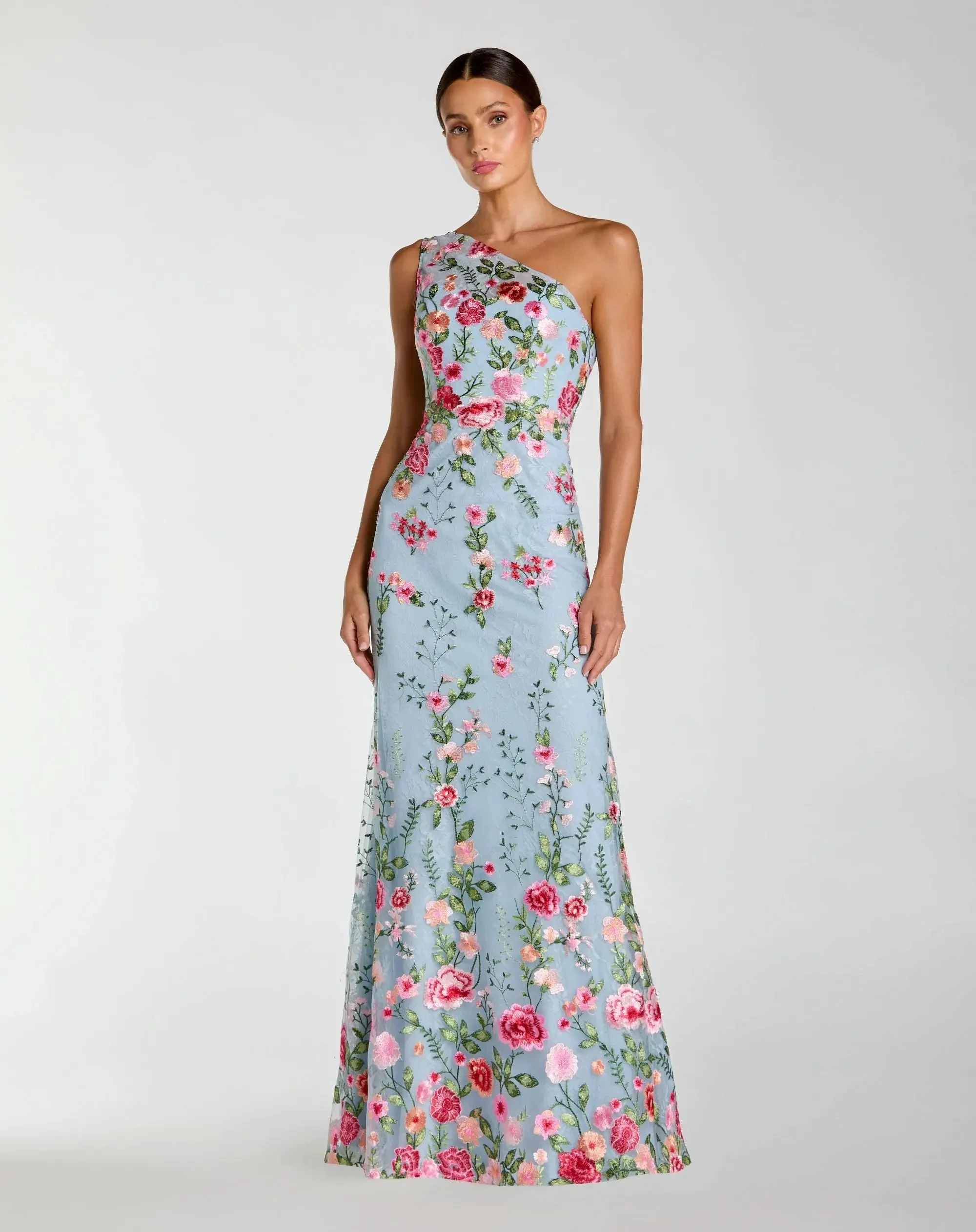 Blue One Shoulder Floral Embroidered Gown - 1