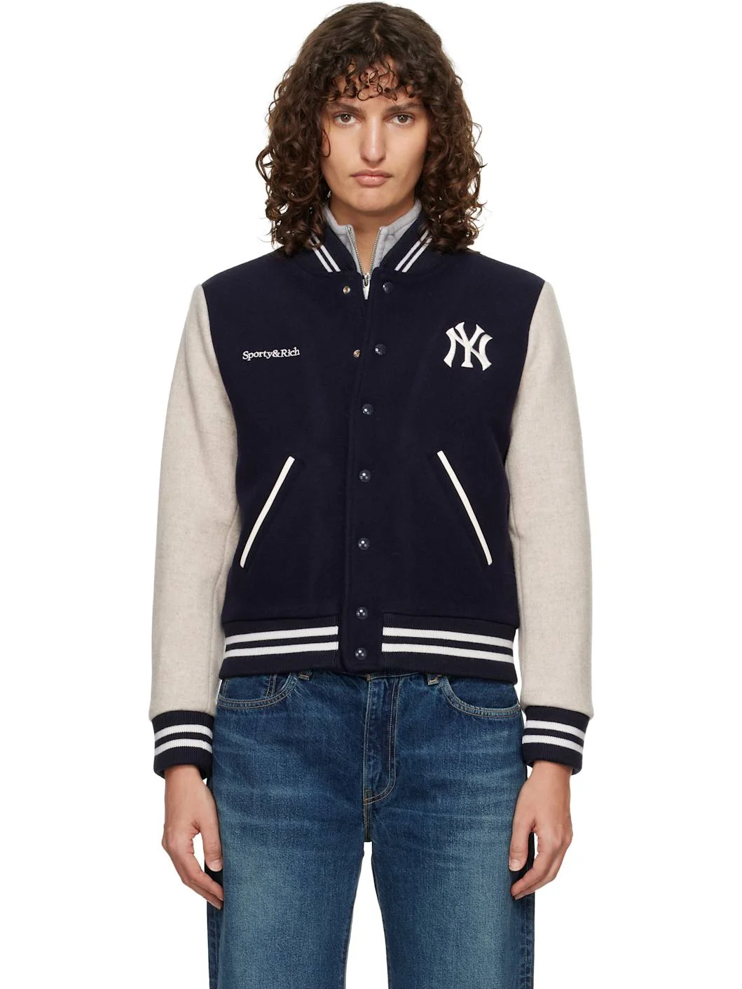 Navy & Beige Yankees Curve Wool Varsity Jacket - 1