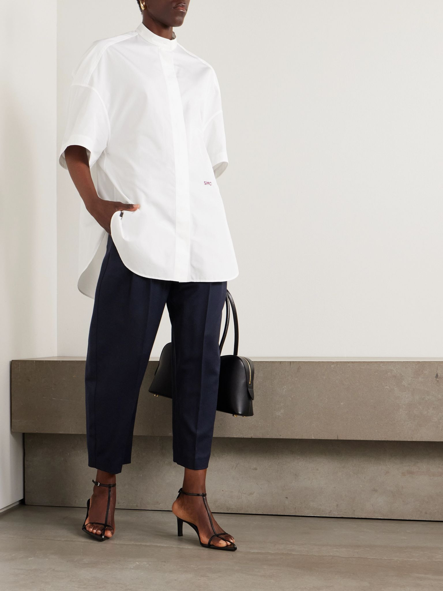 Cropped pleated wool tapered pants Navy - 2