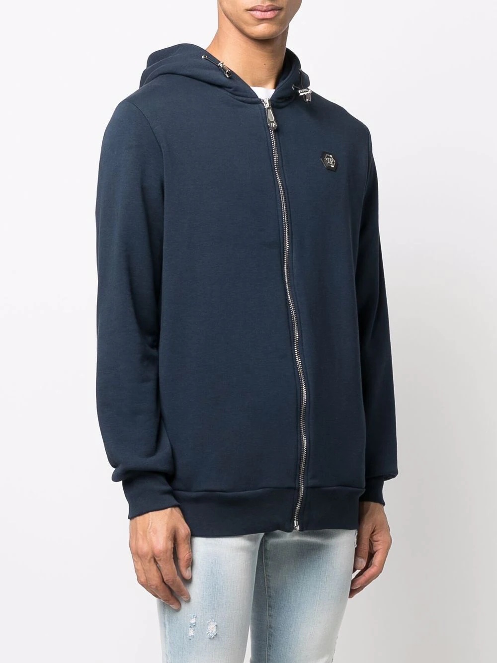 logo-patch zip-through hooded sweatshirt - 3