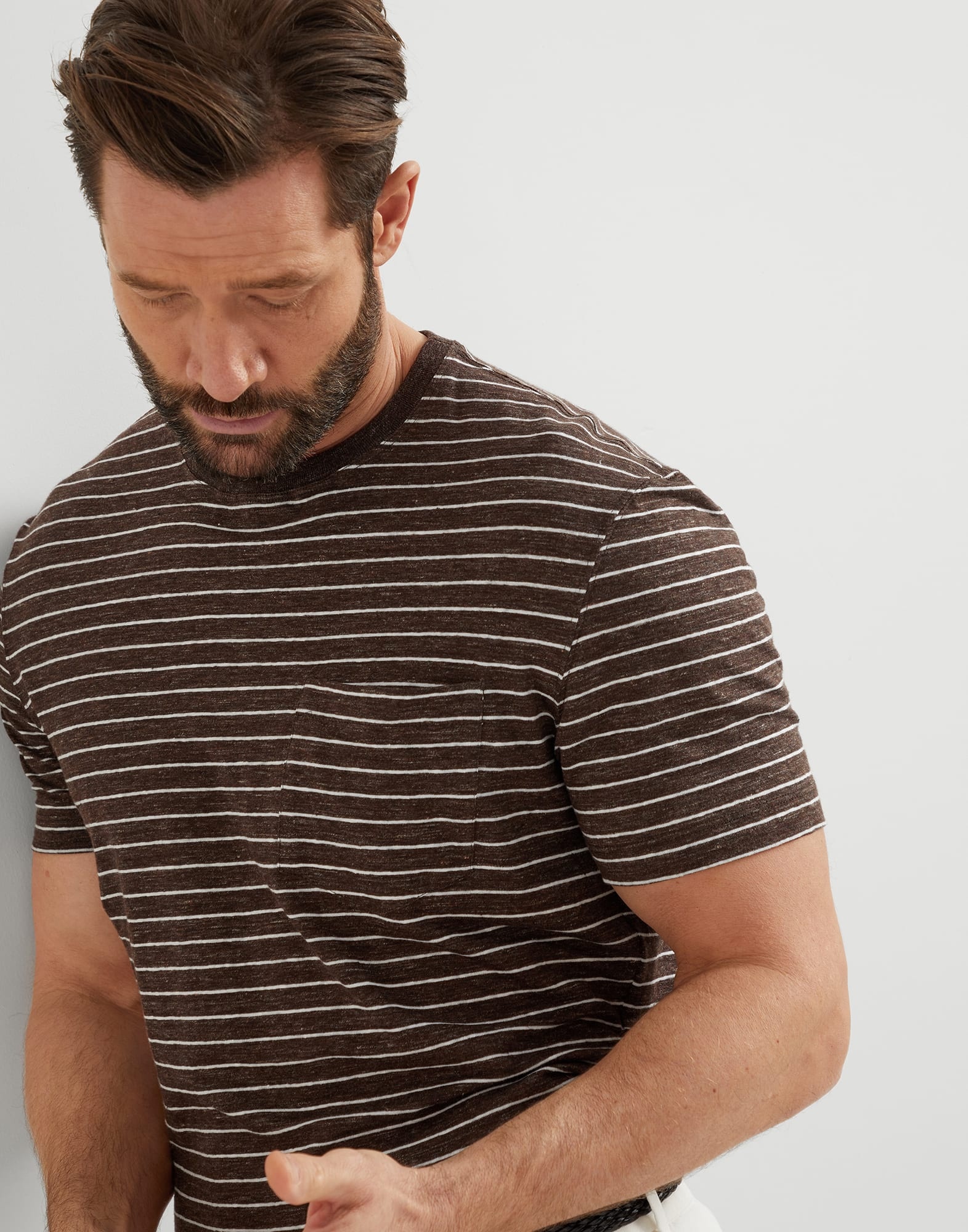 Striped linen stretch jersey crew neck T-shirt with chest pocket - 3