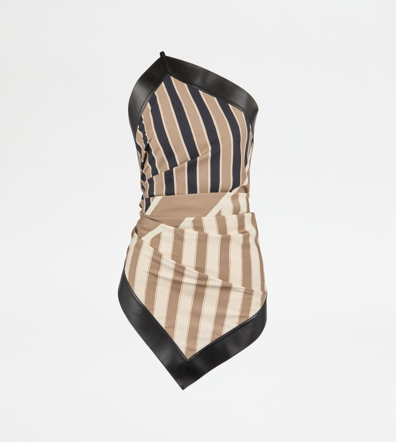 TOP IN SILK WITH LEATHER INSERTS - BROWN, BEIGE, OFF WHITE 1