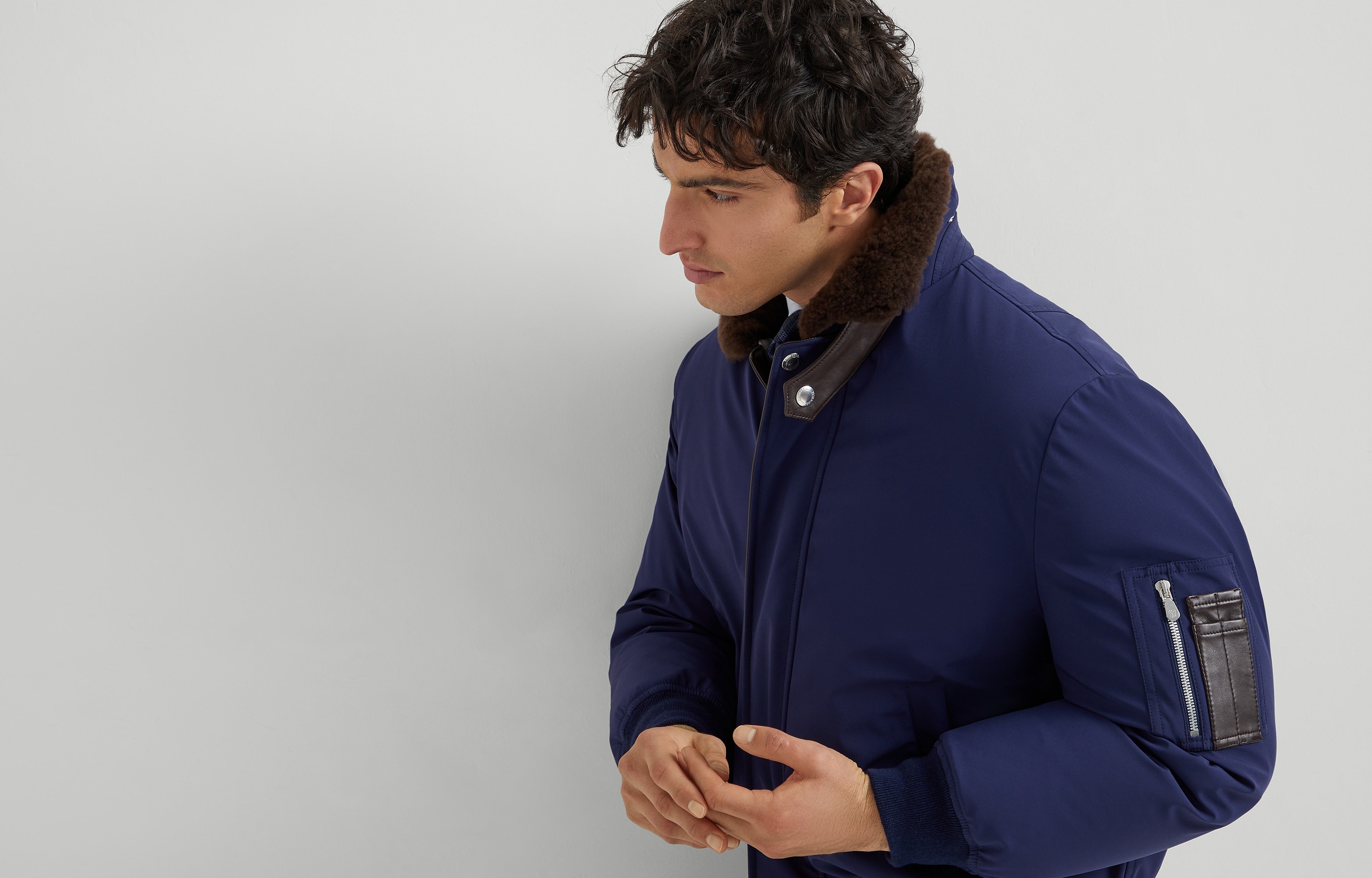 Stretch bonded nylon down jacket with shearling-lined collar - 6