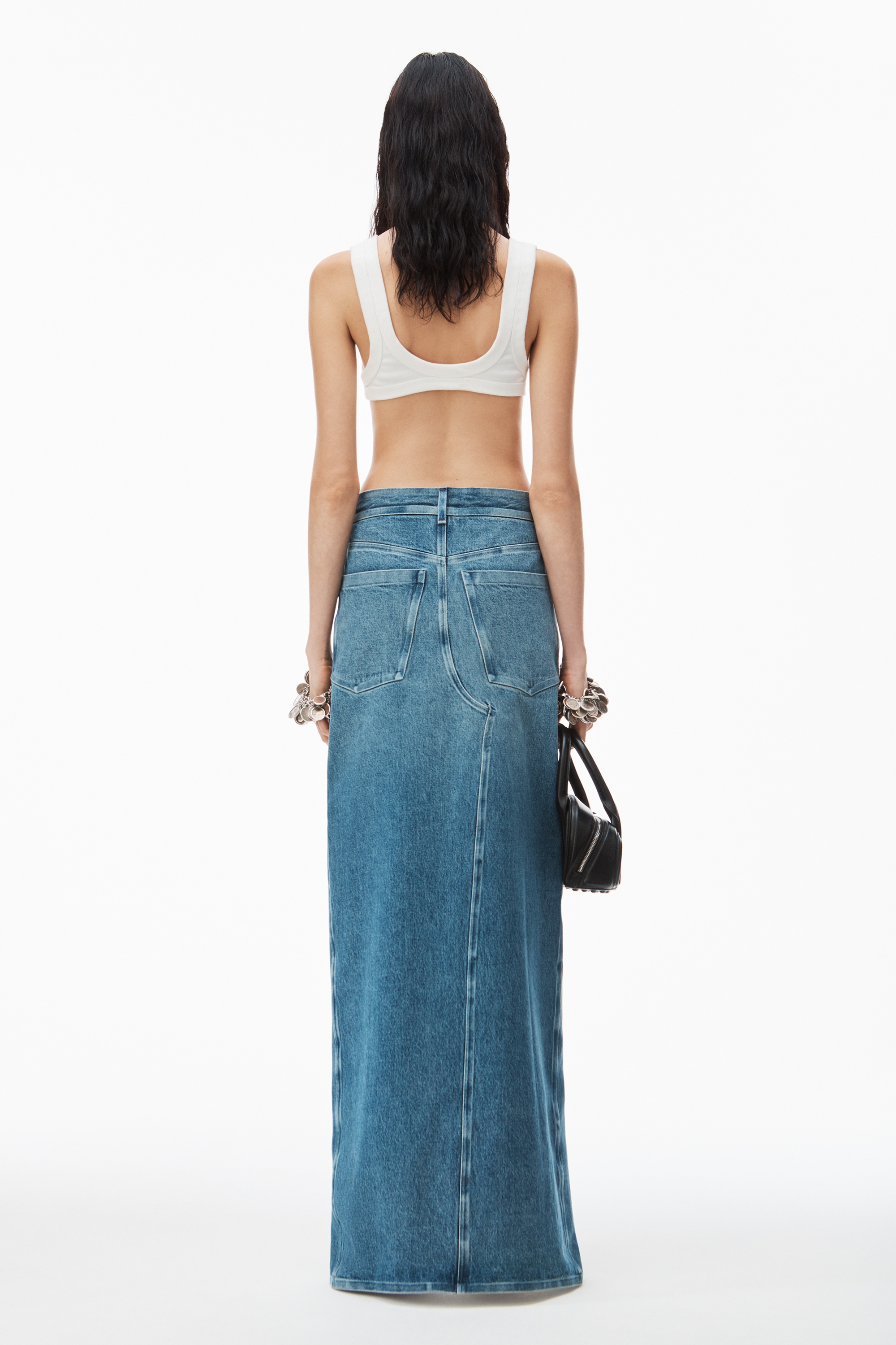 bonded long crossover skirt in denim - 5