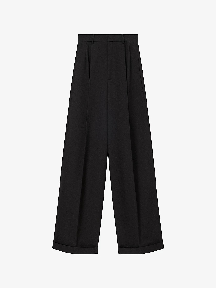 Pleated wide-leg mid-rise cotton-blend trousers - 1