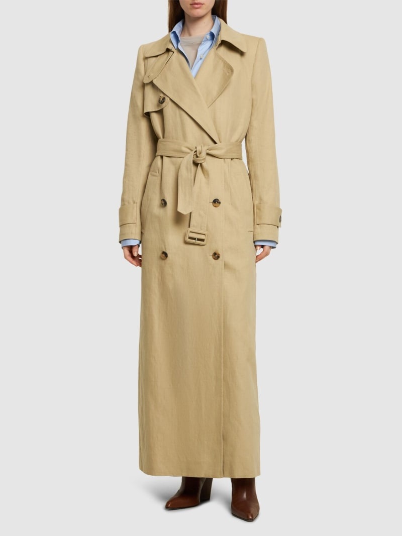 Linen blend gabardine long trench coat - 2