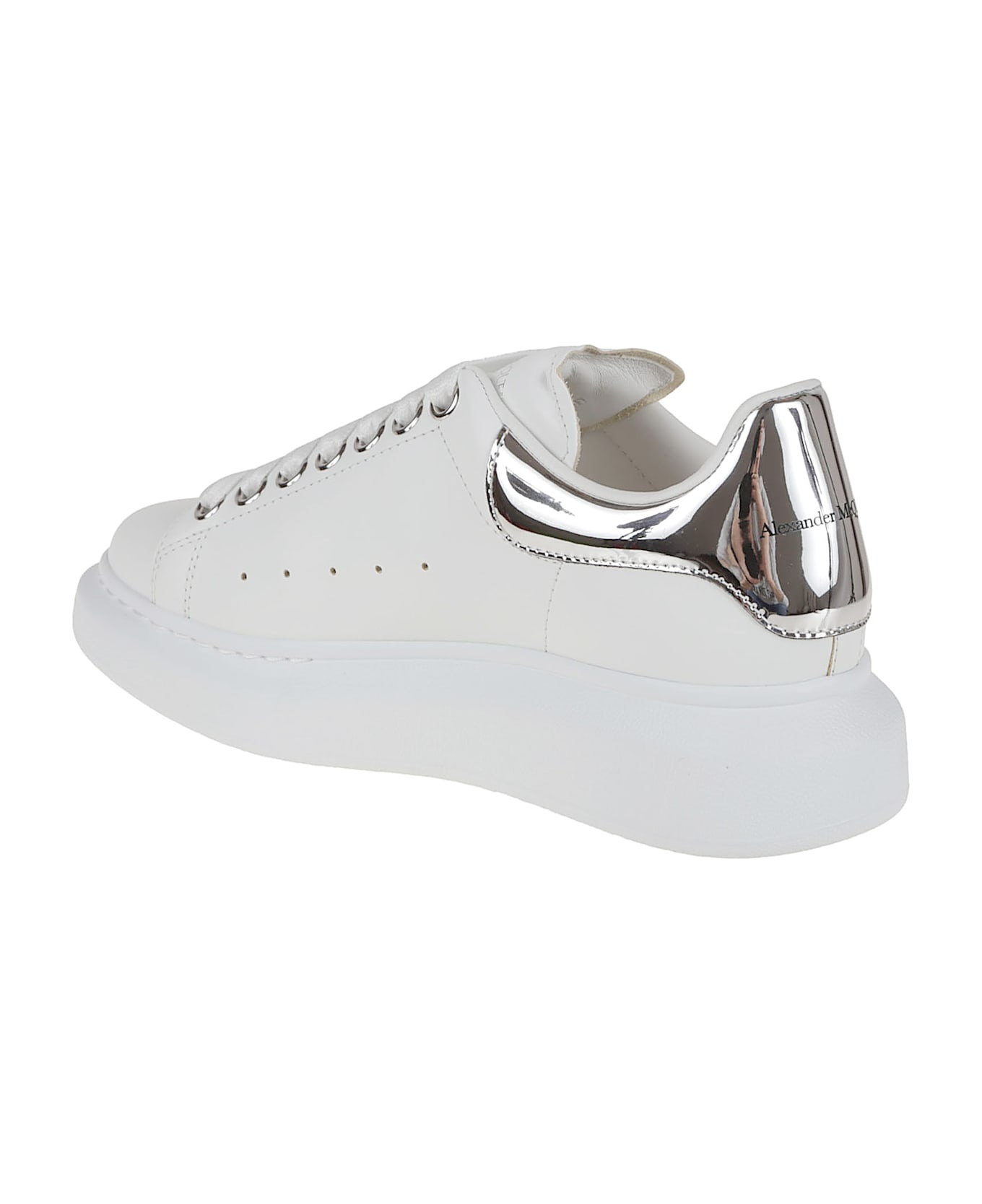 White Leather Sneakers With Silver Leather Heel - 3