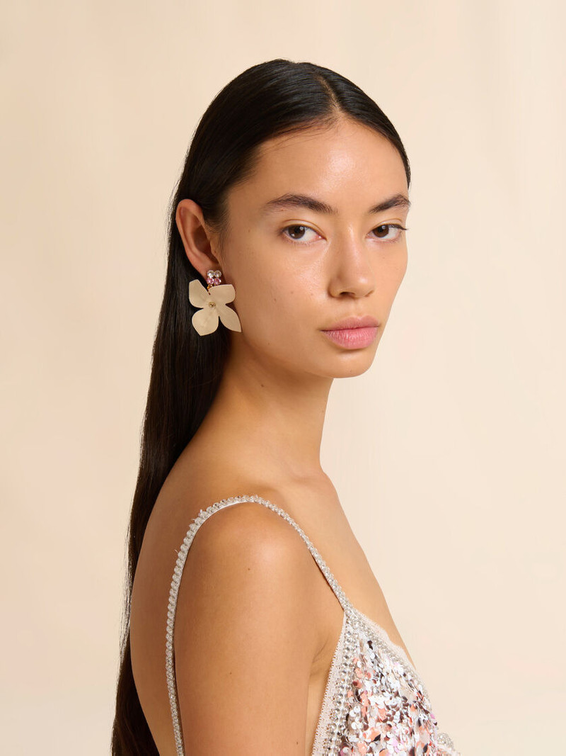 Marni PINK AND CREAM POPLIN FLOWER AND RHINESTONE EARRINGS outlook