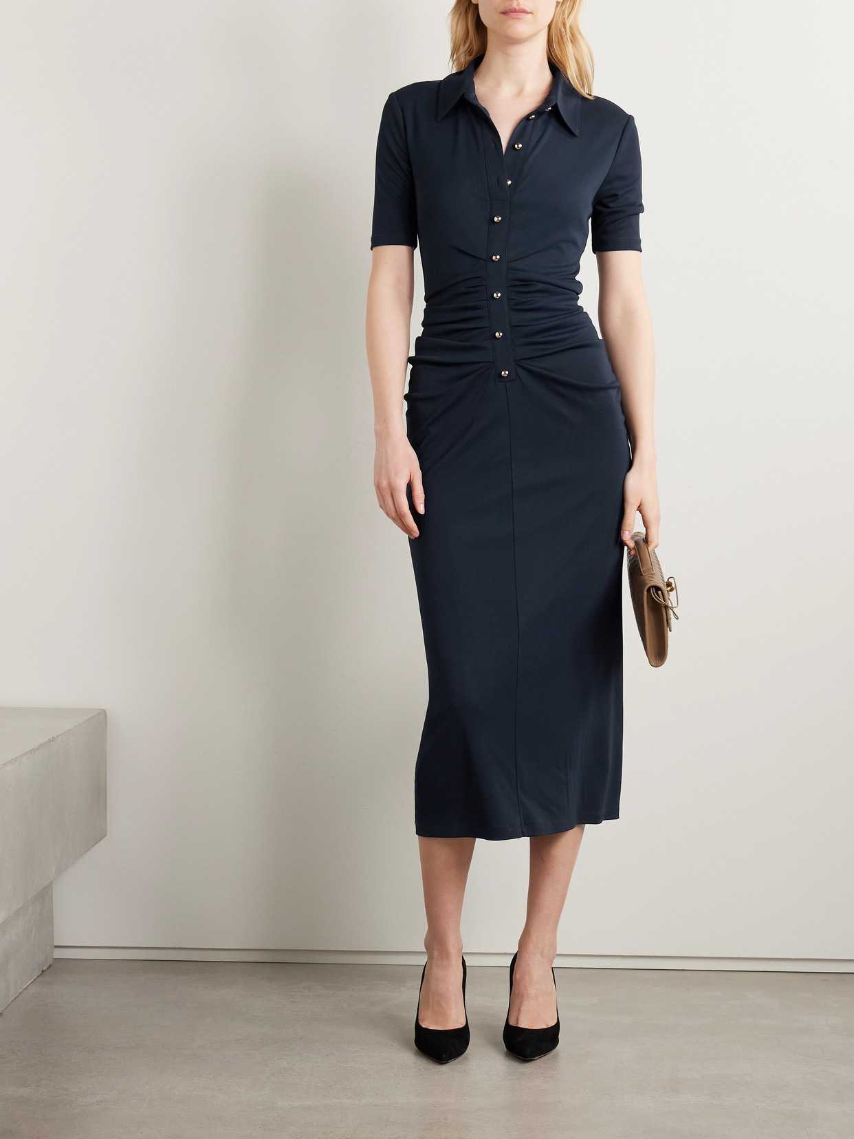 Ruched Stretch-jersey Midi Shirt Dress - 2