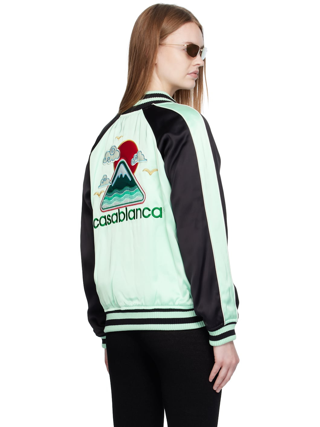 Green & Black Embroidered Satin Bomber Jacket - 3