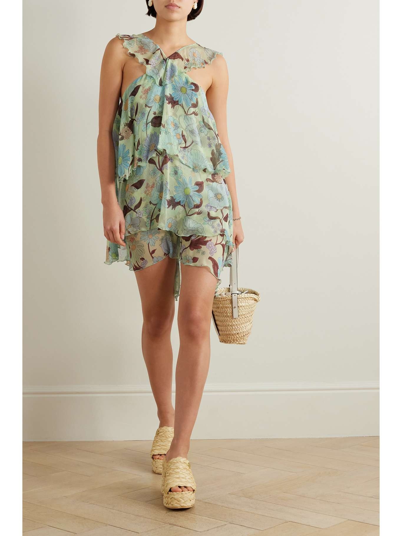 Ruffled floral-print halterneck silk-chiffon mini dress - 2