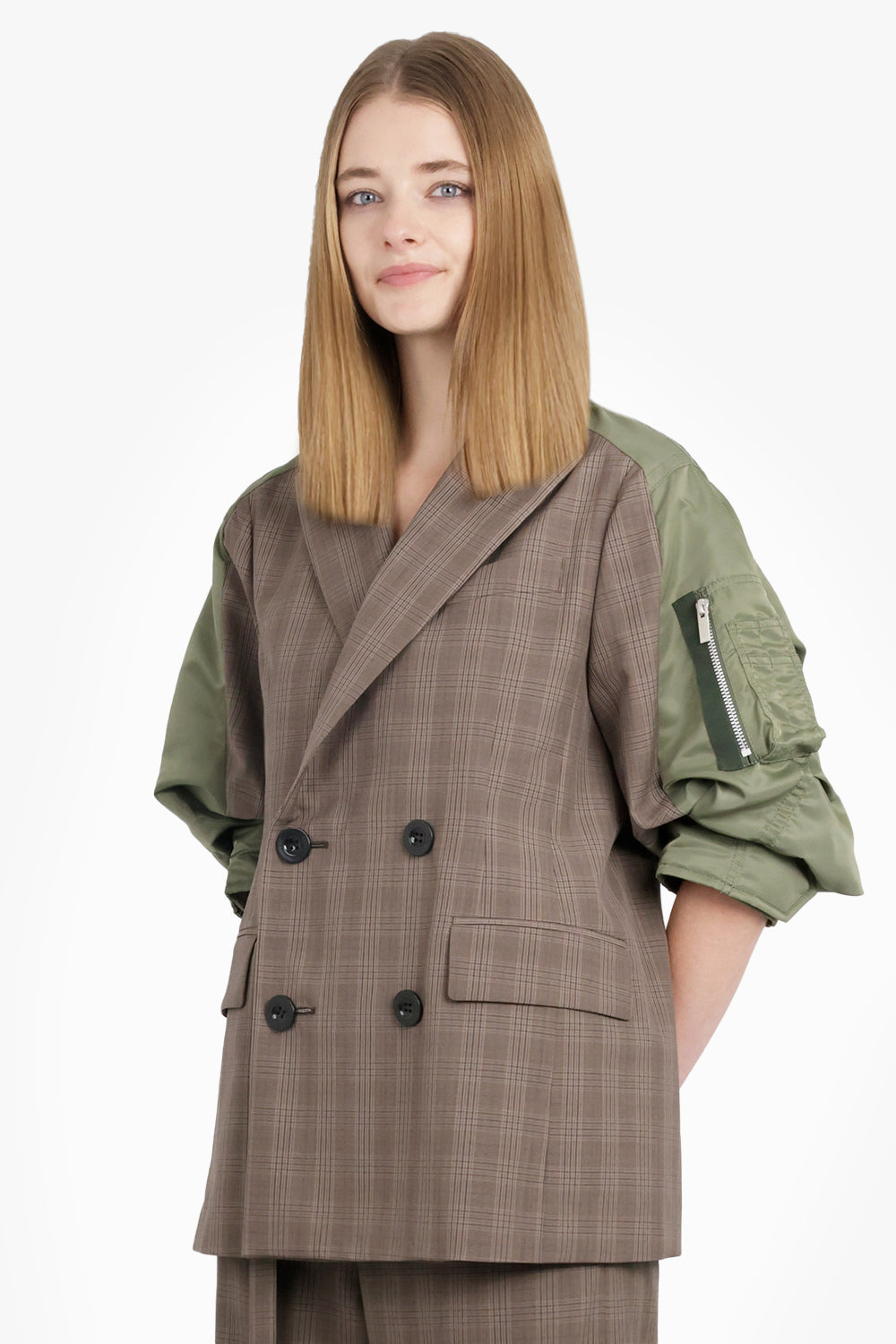 CONTRAST BALLOON S/S DOUBLE BREASTED CHECK JACKET | BROWN/GREEN - 7