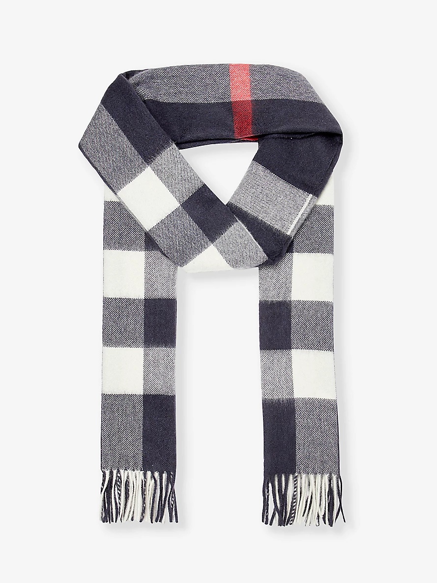 Half Mega Check fringed-trim cashmere scarf - 1