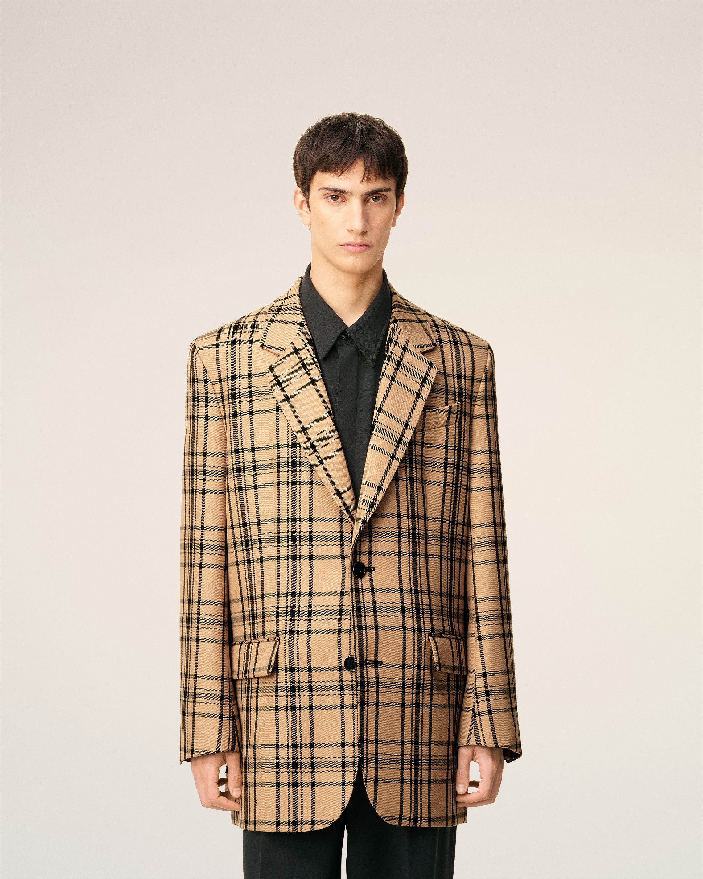 BROWN WOOL CHECKED LOOSE JACKET - 3
