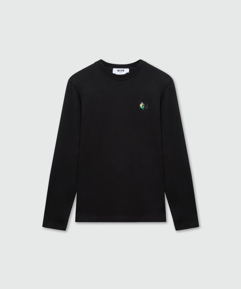 Black long-sleeve cotton jersey T-shirt with MWave logo embroidery on the chest 1
