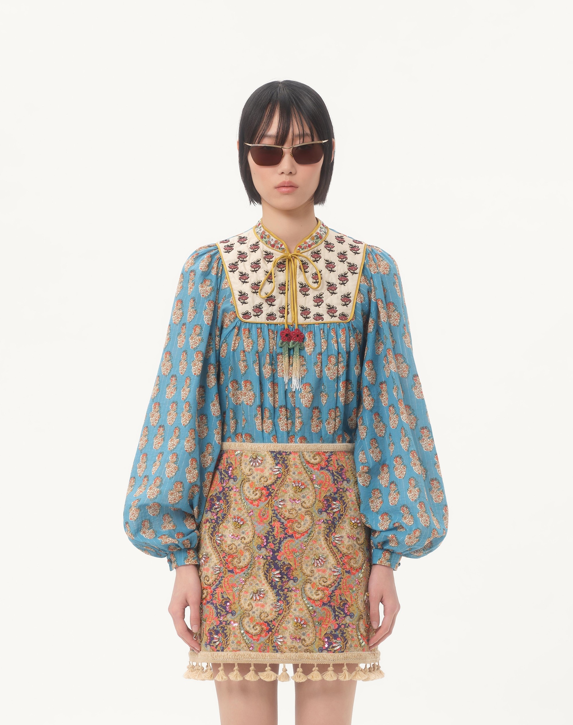 COTTON AND LUREX TOP WITH EMBROIDERED PETALES D'AMOUR PRINT - 5