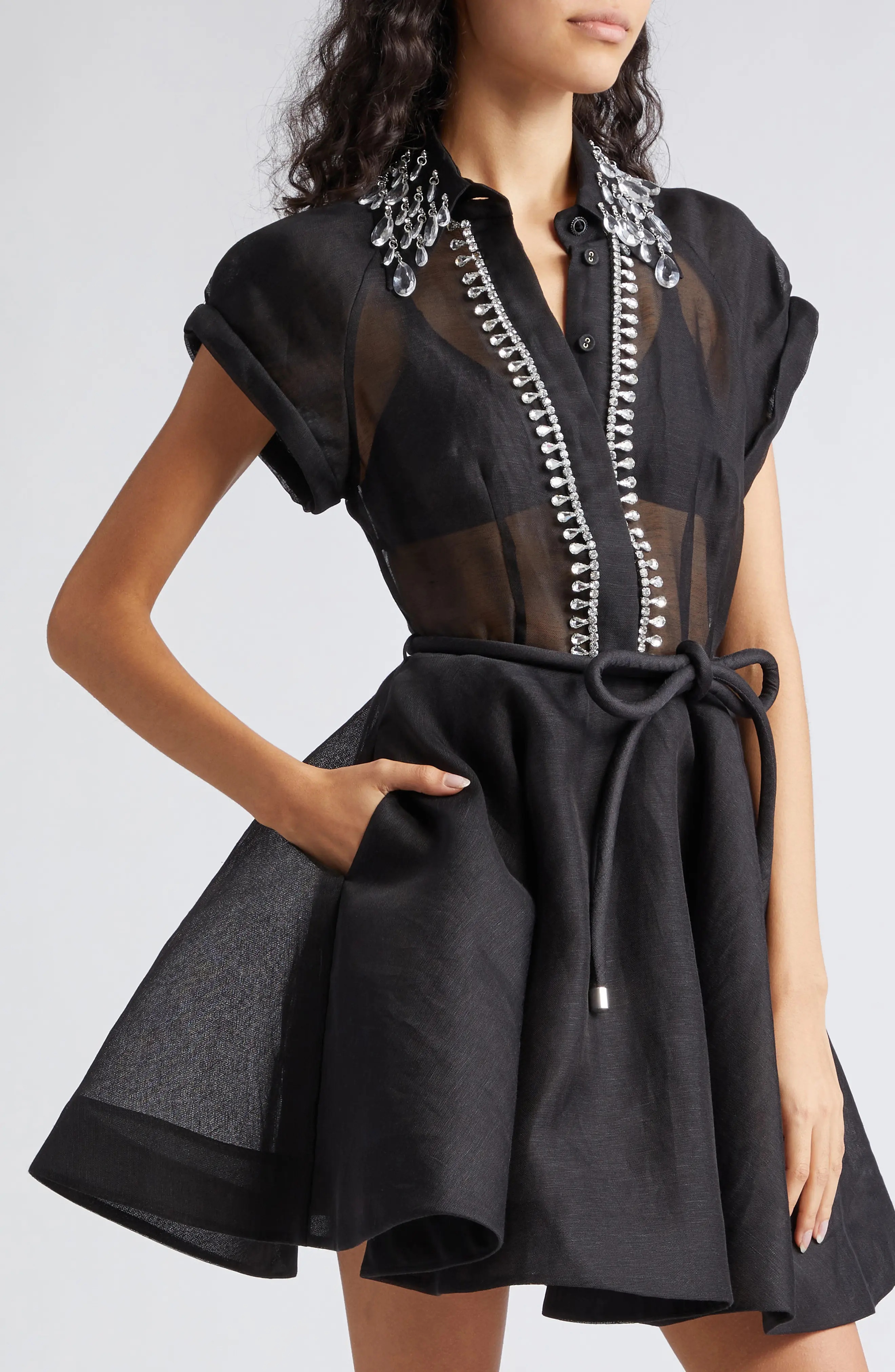 Zimmermann Matchmaker Crystal Embellished Belted Linen