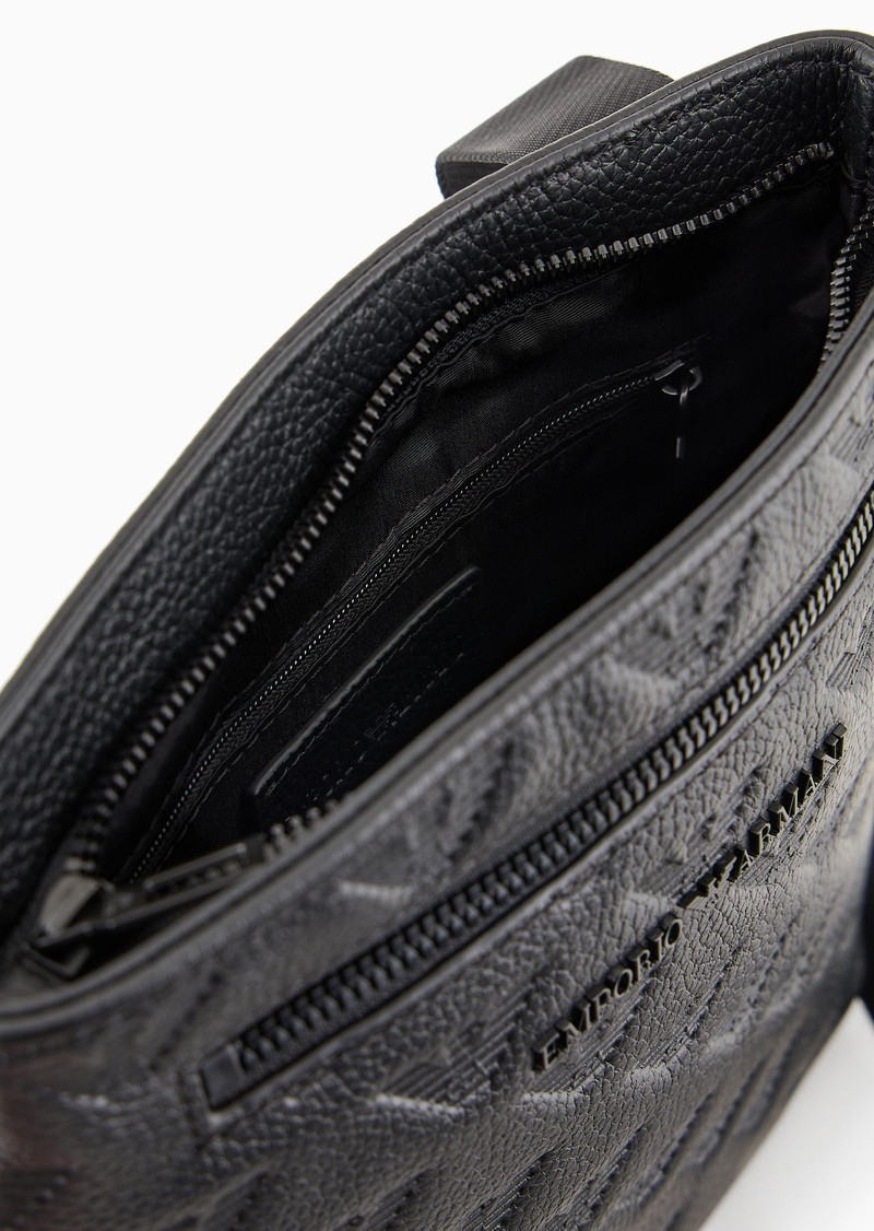Flat leather shoulder bag with all-over embossed eagle 4