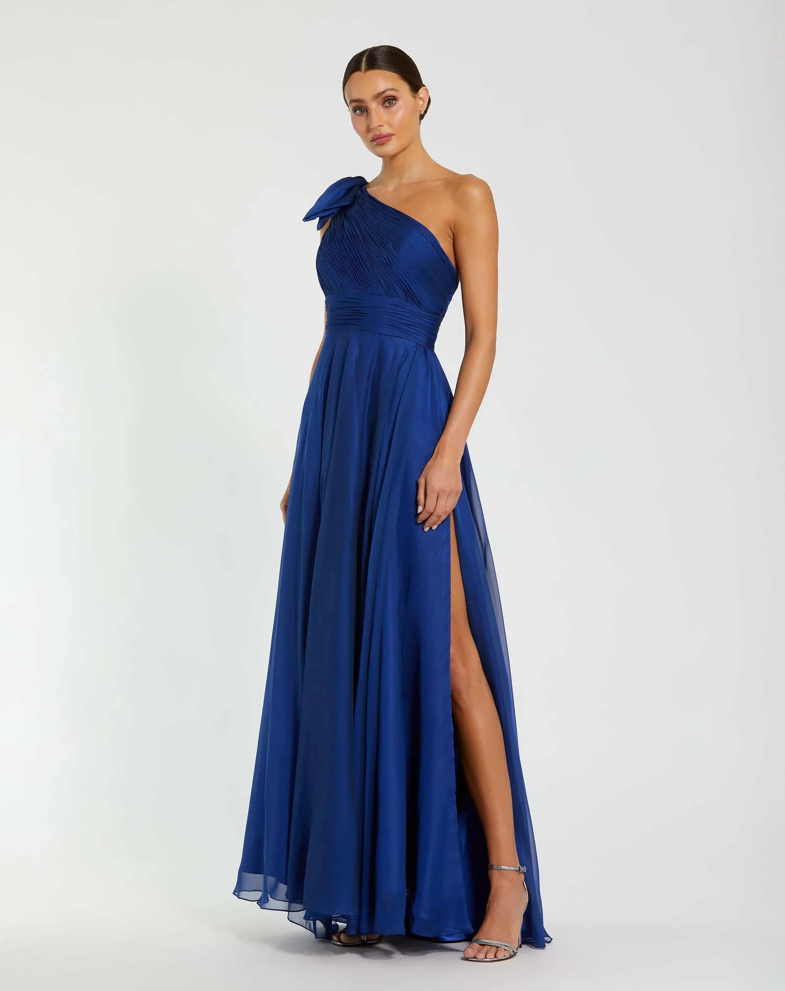 Cobalt Sleeveless One Shoulder Pleated Gown - 1