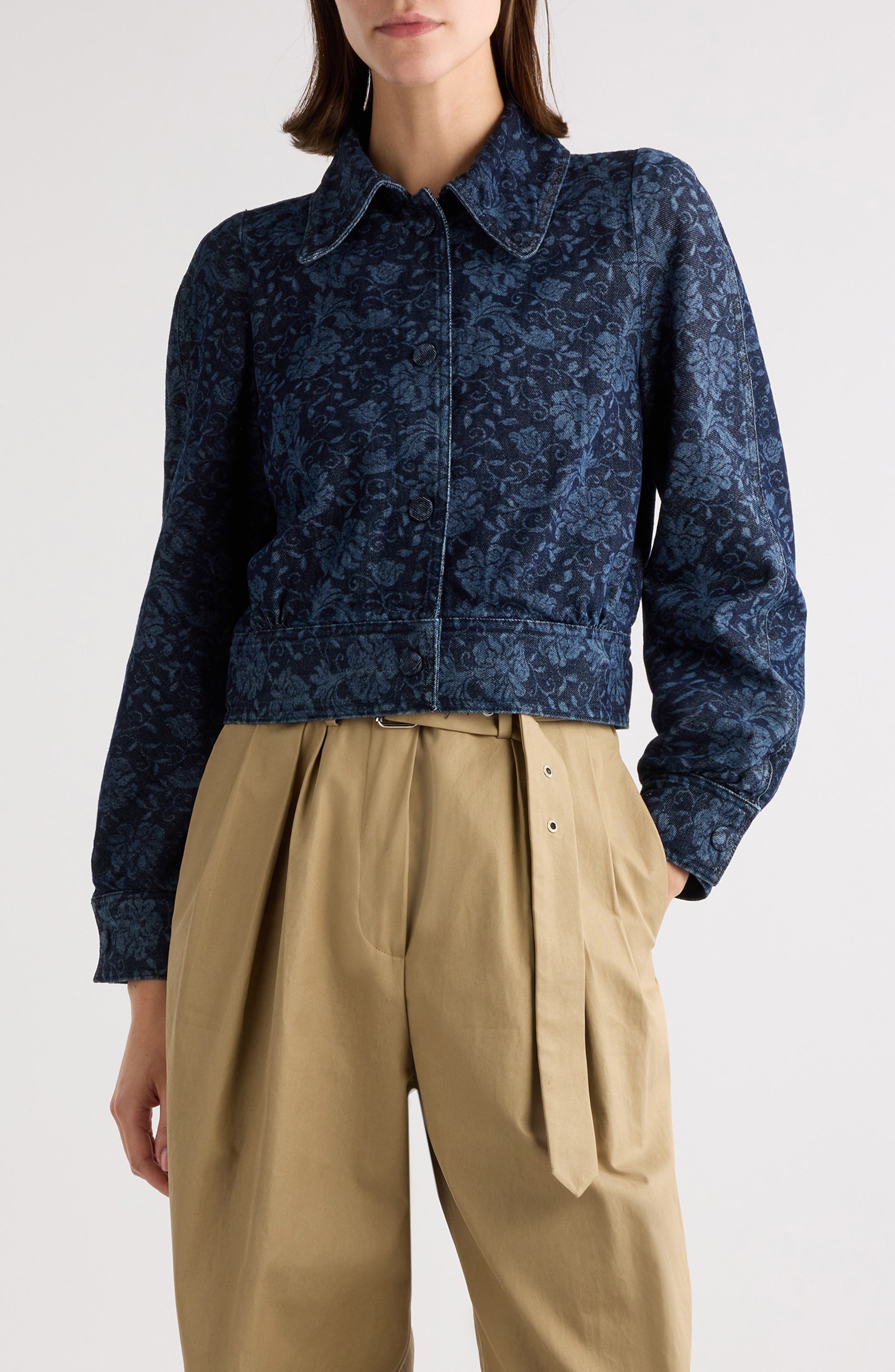 Dries Van Noten Vistam Floral Jacquard Crop Denim Jacket in Indigo at Nordstrom - 1