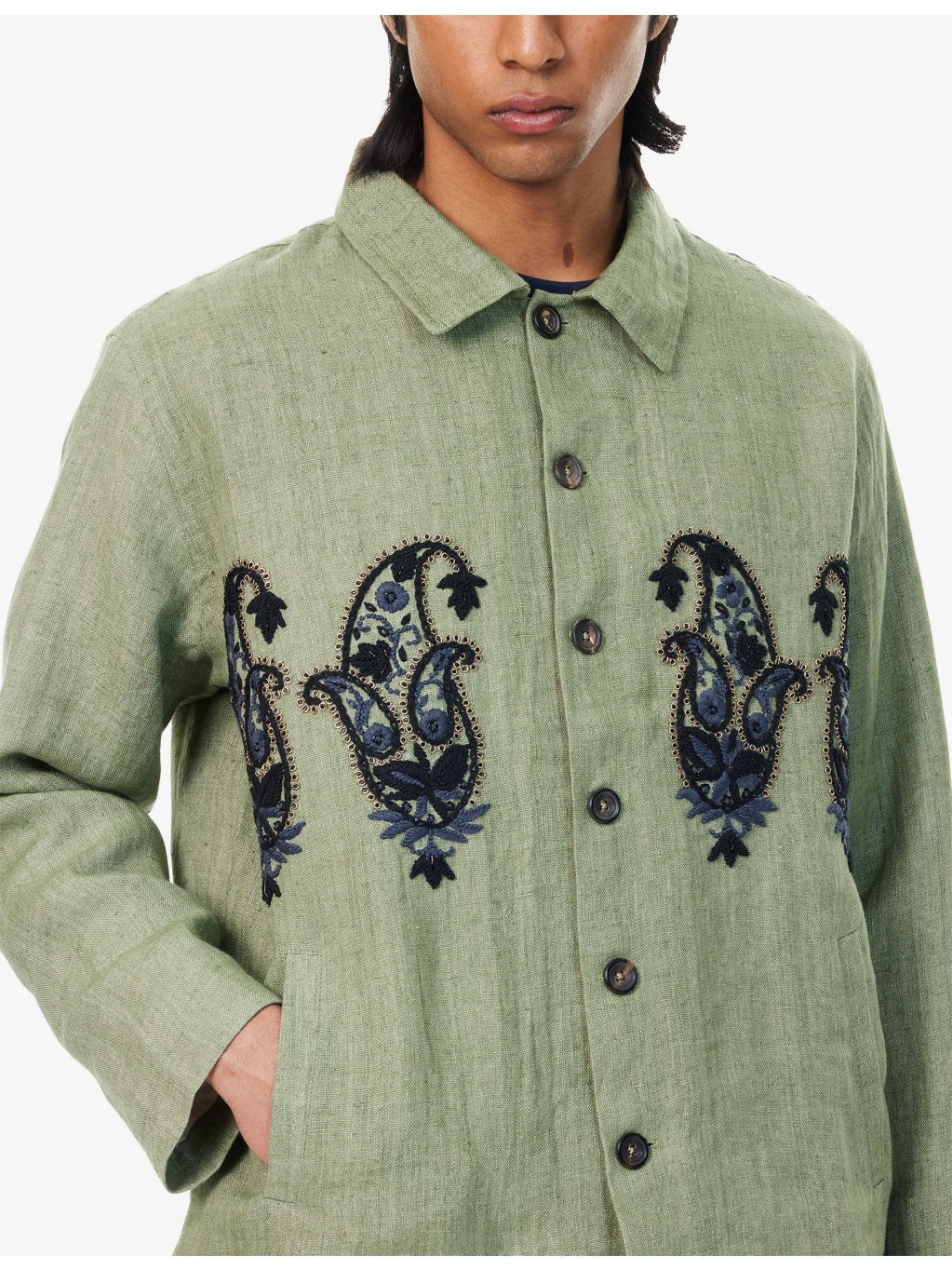 Embroidered Cropped Linen Jacket - 5