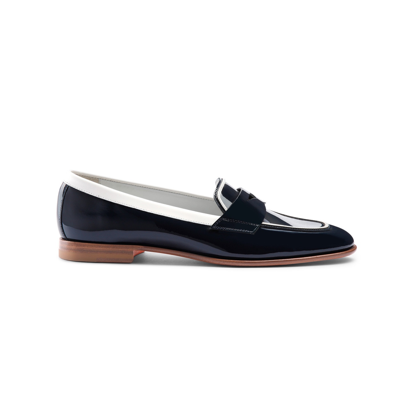 Women's blue and white patent leather penny loafer - 1