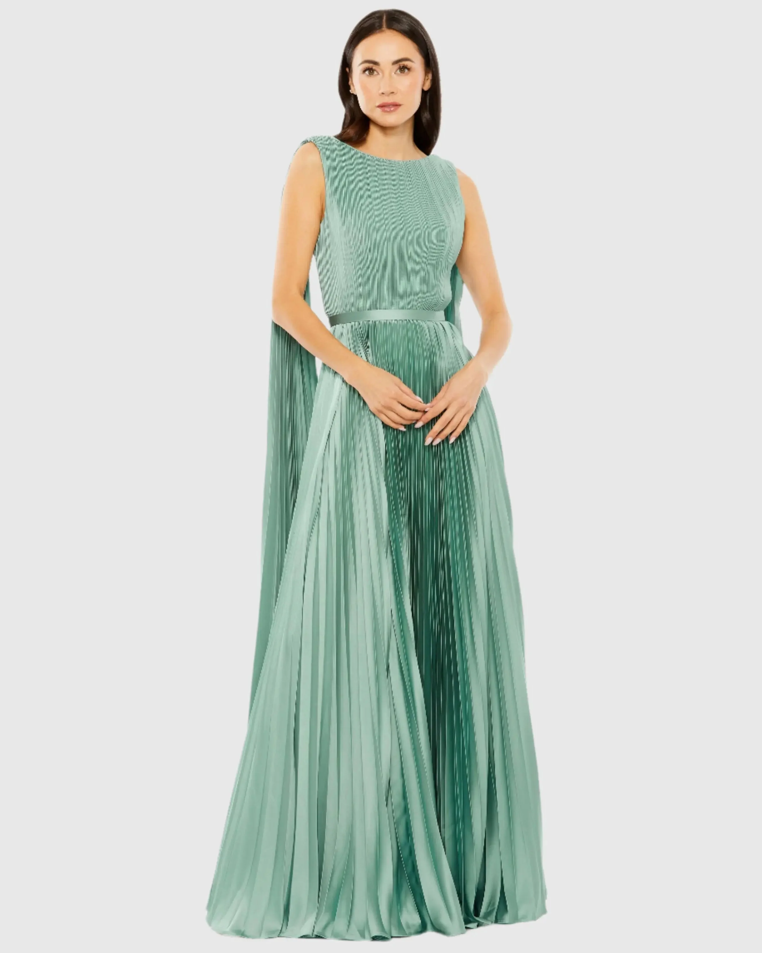 Green Pleated Cape Back Gown - 1