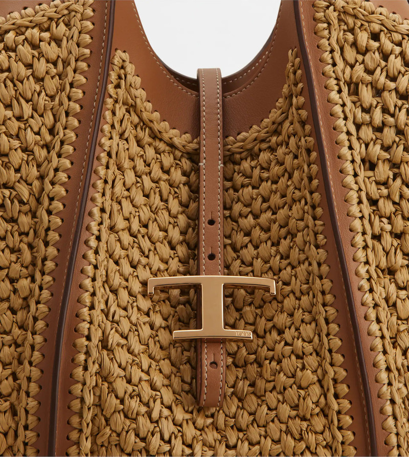 T TIMELESS SHOPPING BAG IN RAFFIA AND LEATHER MEDIUM - BEIGE, BROWN 5