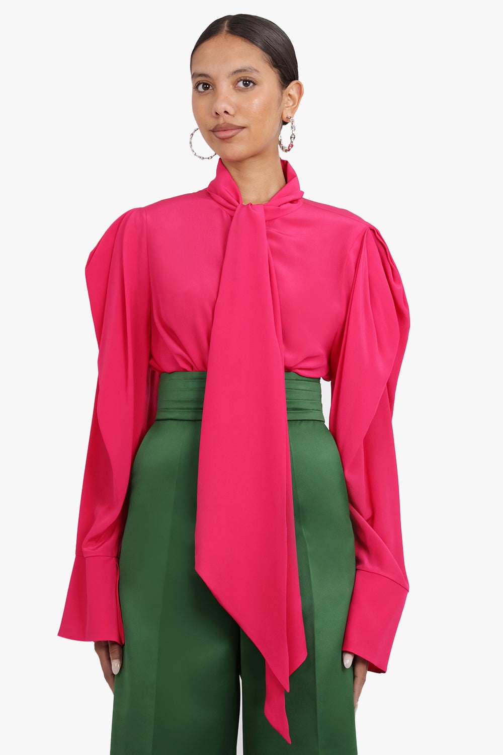 CREPE DE CHINE NECK-TIE PUFF SLEEVE SHIRT | FUSCHIA - 3