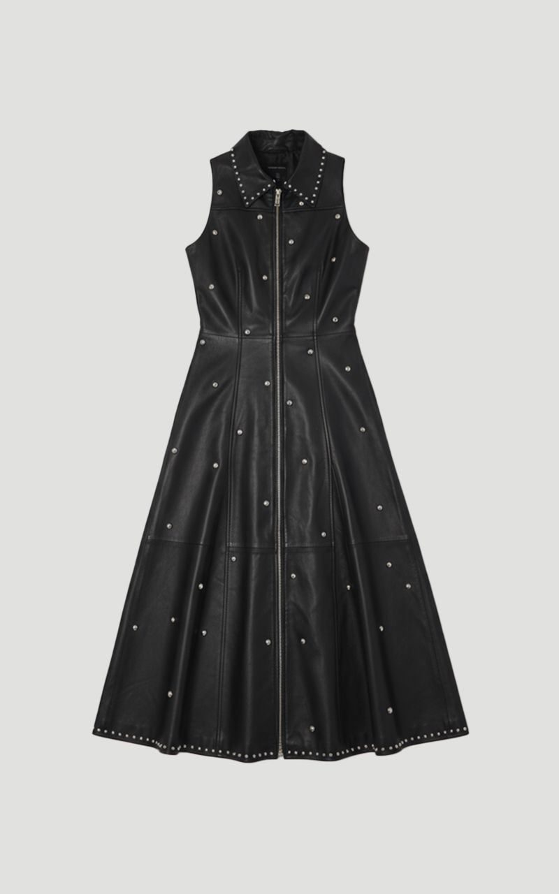 Studded Leather Zip through Full Midi Dress - 1